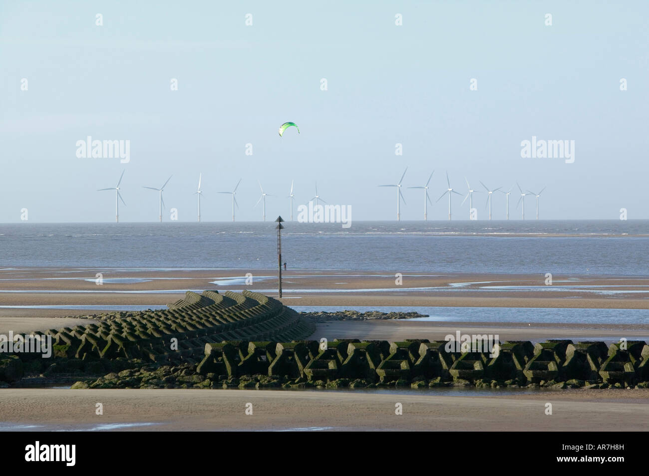 An Off shore wind farm off New Brighton in the Mersey Estuary Liverpool