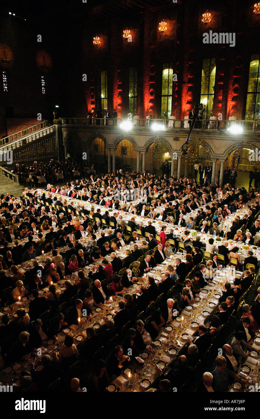 The gala dinner honoring the Nobel Prize Laureates in the Blue Hall in Stockholm City Hall Stock Photo