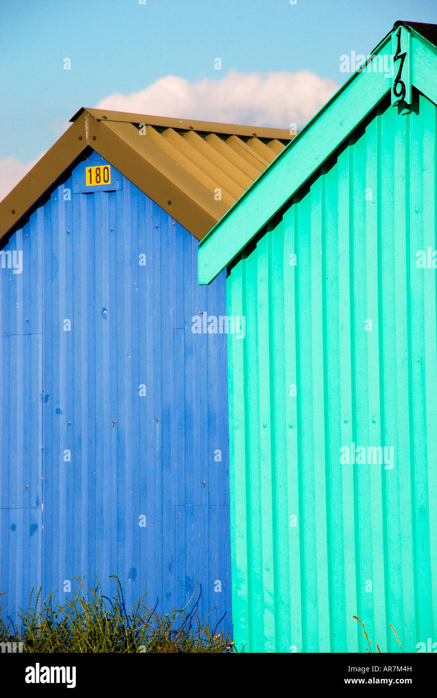 beach huts painted blue. Stock Photo