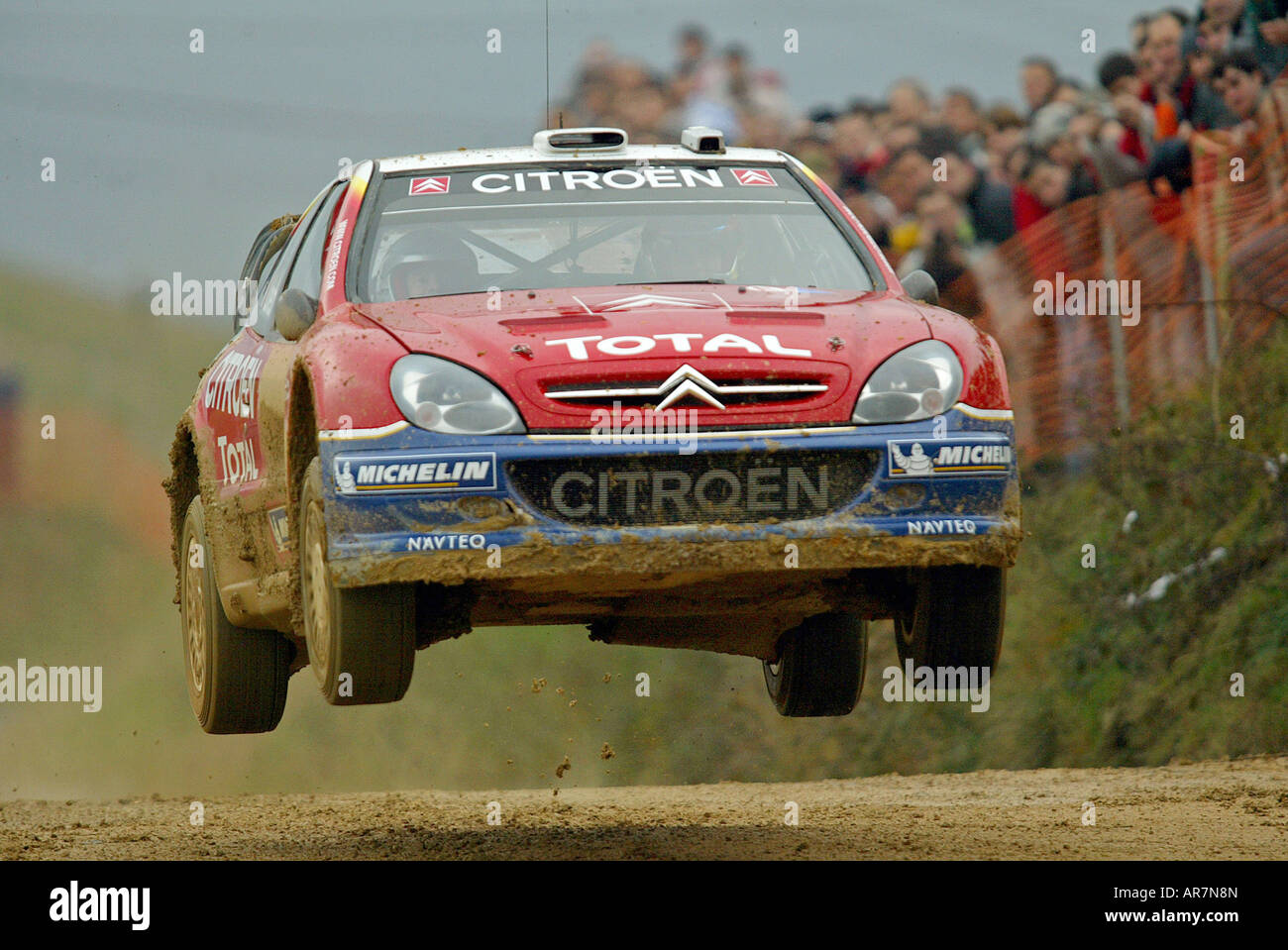French World Rally Champion Sebastien Loeb steers his Citroen Xsara WRC during an exhibition event at Quijas in northern Spain Stock Photo