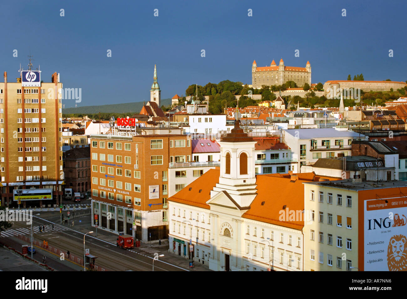 Dawn view across Bratislava, the capital of Slovakia, showing Bratislava castle and rooftops in the CBD. Stock Photo
