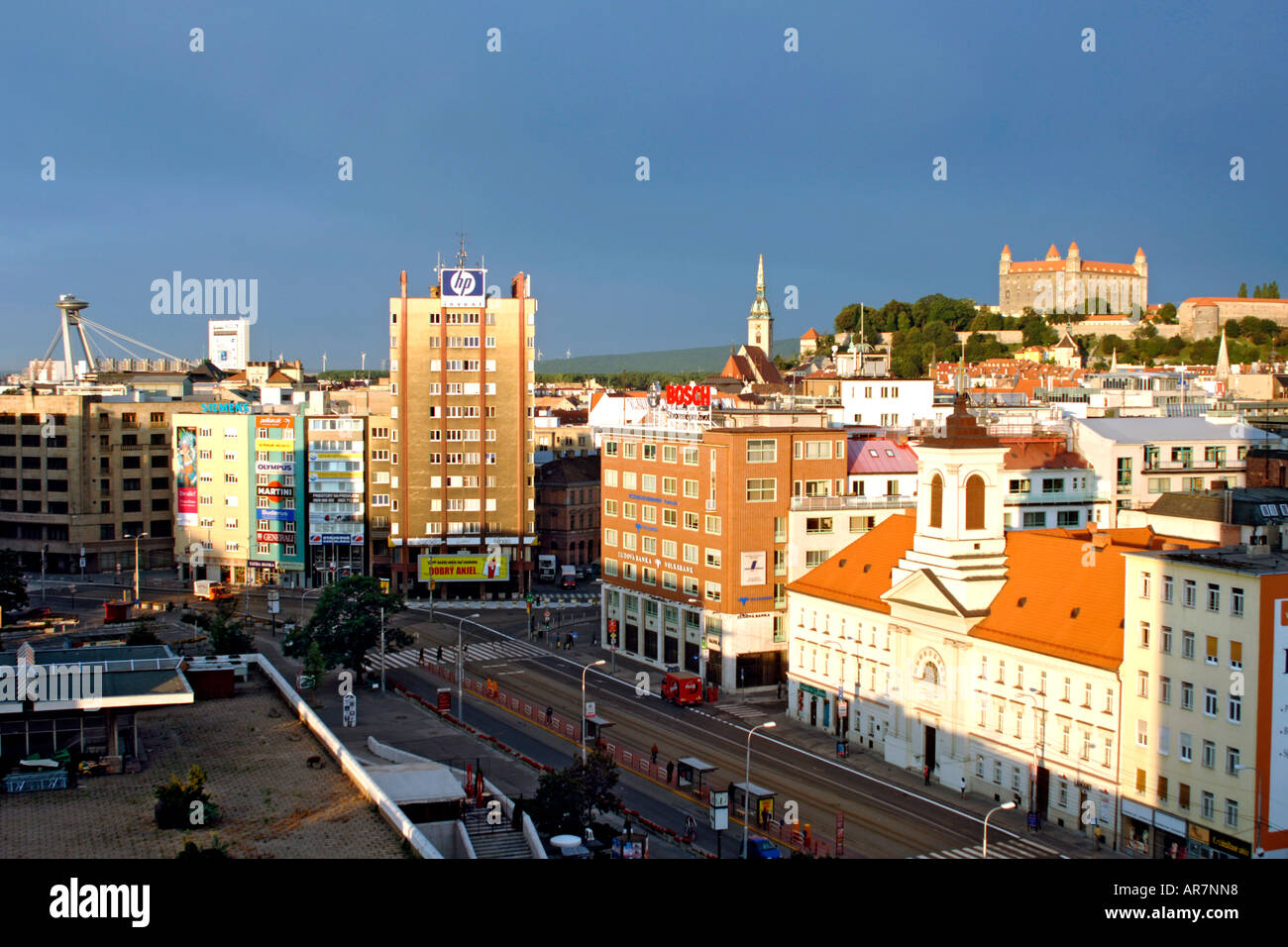 Dawn view across Bratislava, the capital of Slovakia, showing Bratislava castle and the new bridge. Stock Photo