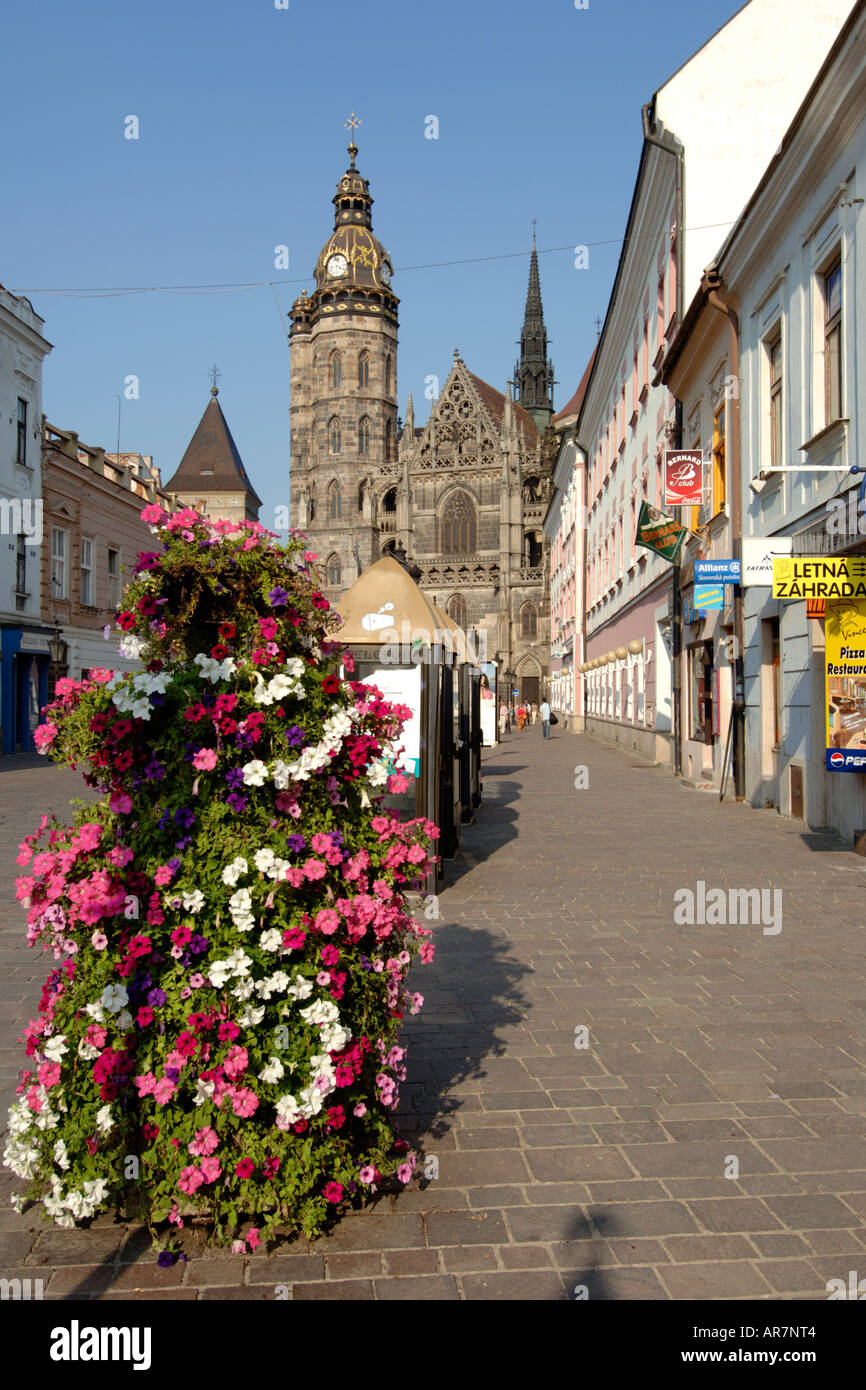Church and small street in the historic town of Kosice in eastern Slovakia. Stock Photo