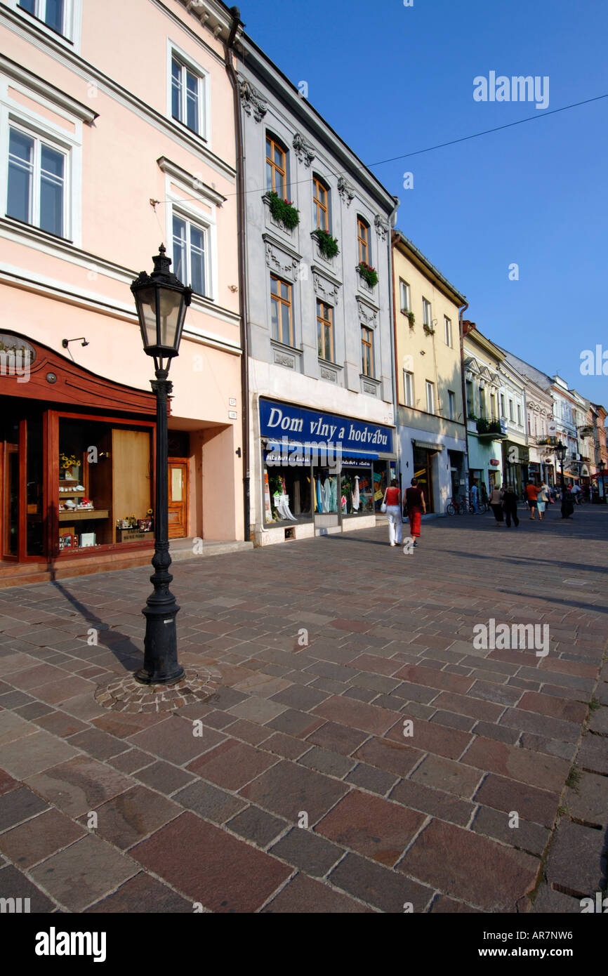 Shops lining a street in the historic town of Kosice in eastern Slovakia. Stock Photo