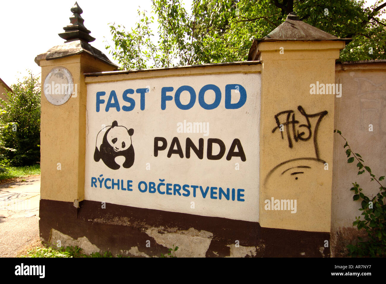 Amusing sign for a restaurant in Roznava in eastern Slovakia. Stock Photo