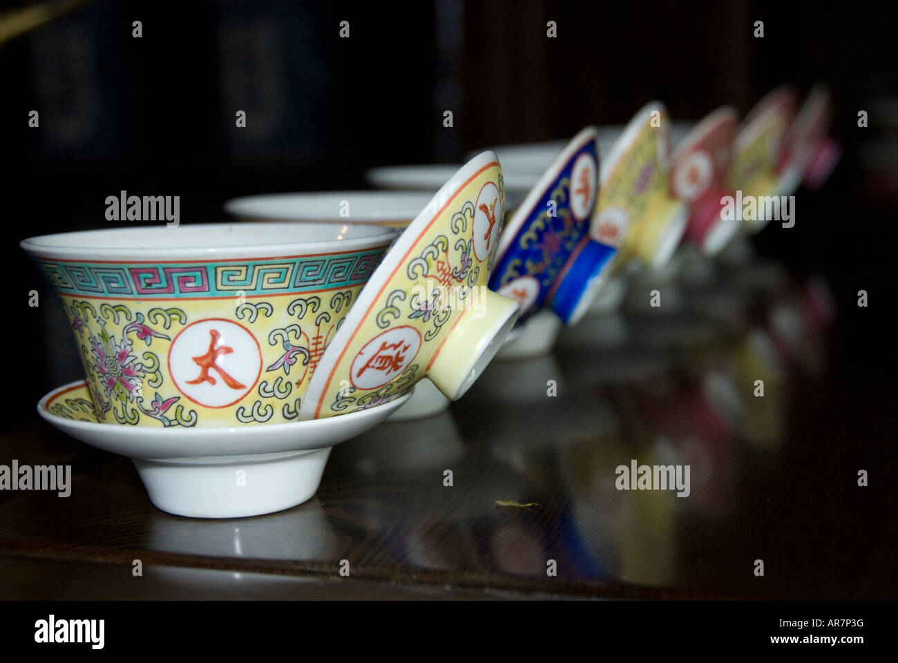 Tea Cups placed in a row at a traditional Hangzhou tea ceremony China