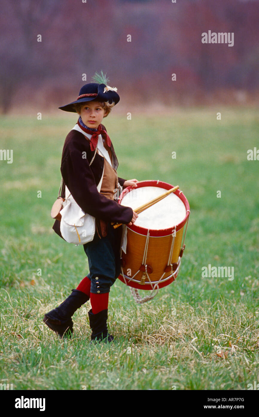 Patriot Drummer Boy Revolutionary War Reenactment Patriot s Day 2002 Concord Massachusetts USA Stock Photo