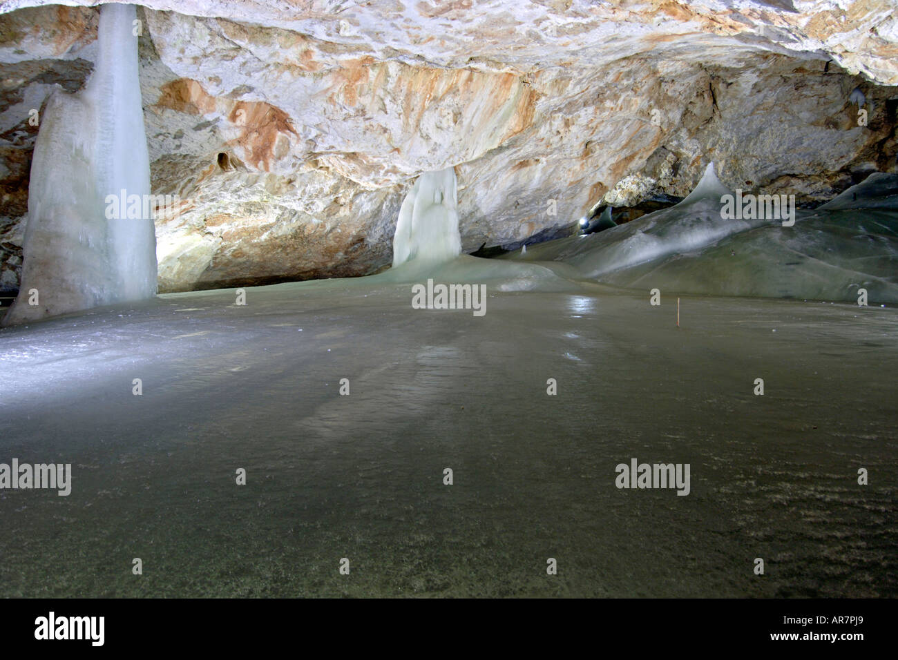 Interior of the Dobsinská Ladova Jaskyna Ice Cave in Slovakia. Stock Photo