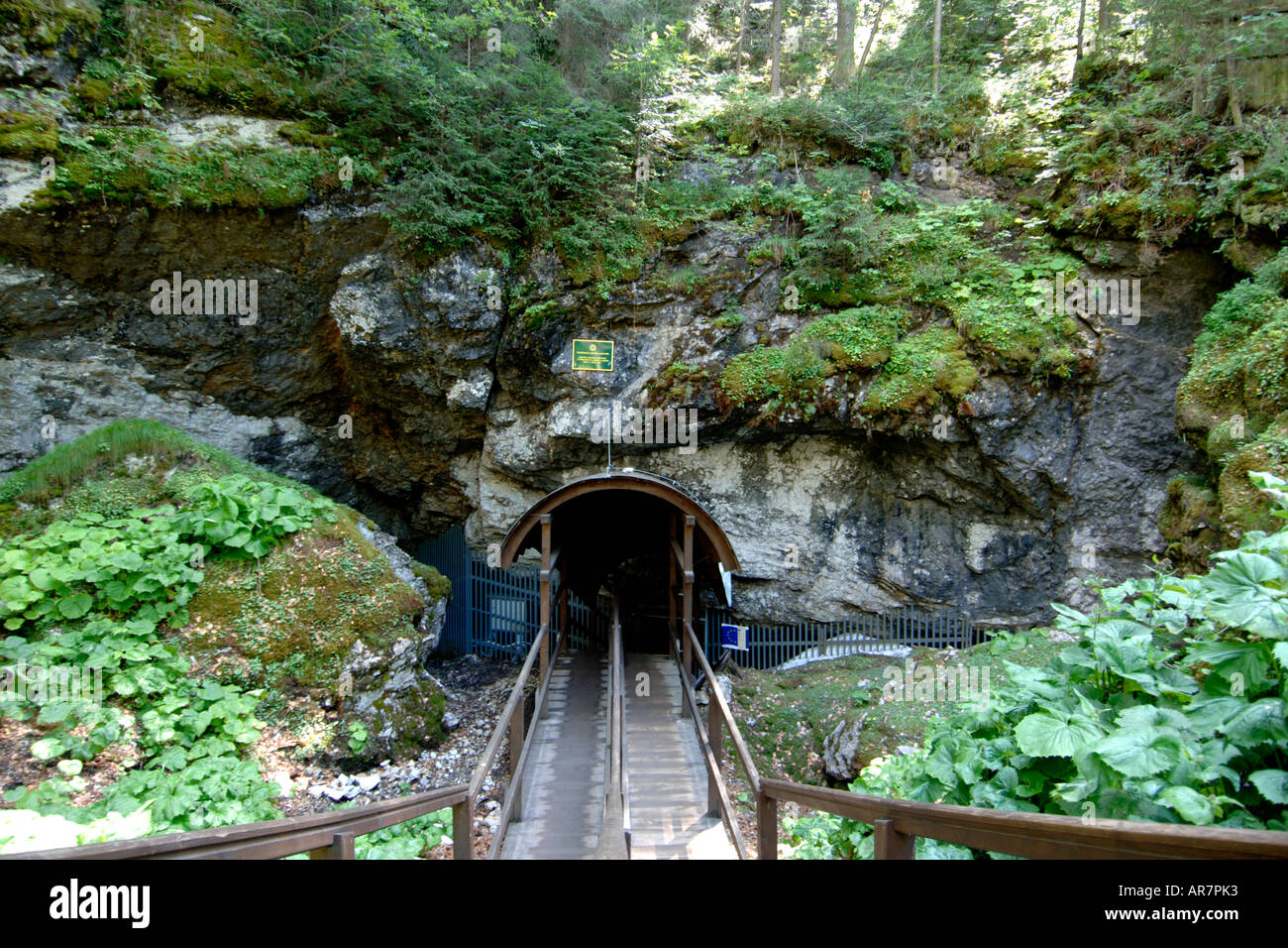 Entrance to the Dobsinska Ladova Jaskyna Ice Cave in Slovakia. Stock Photo