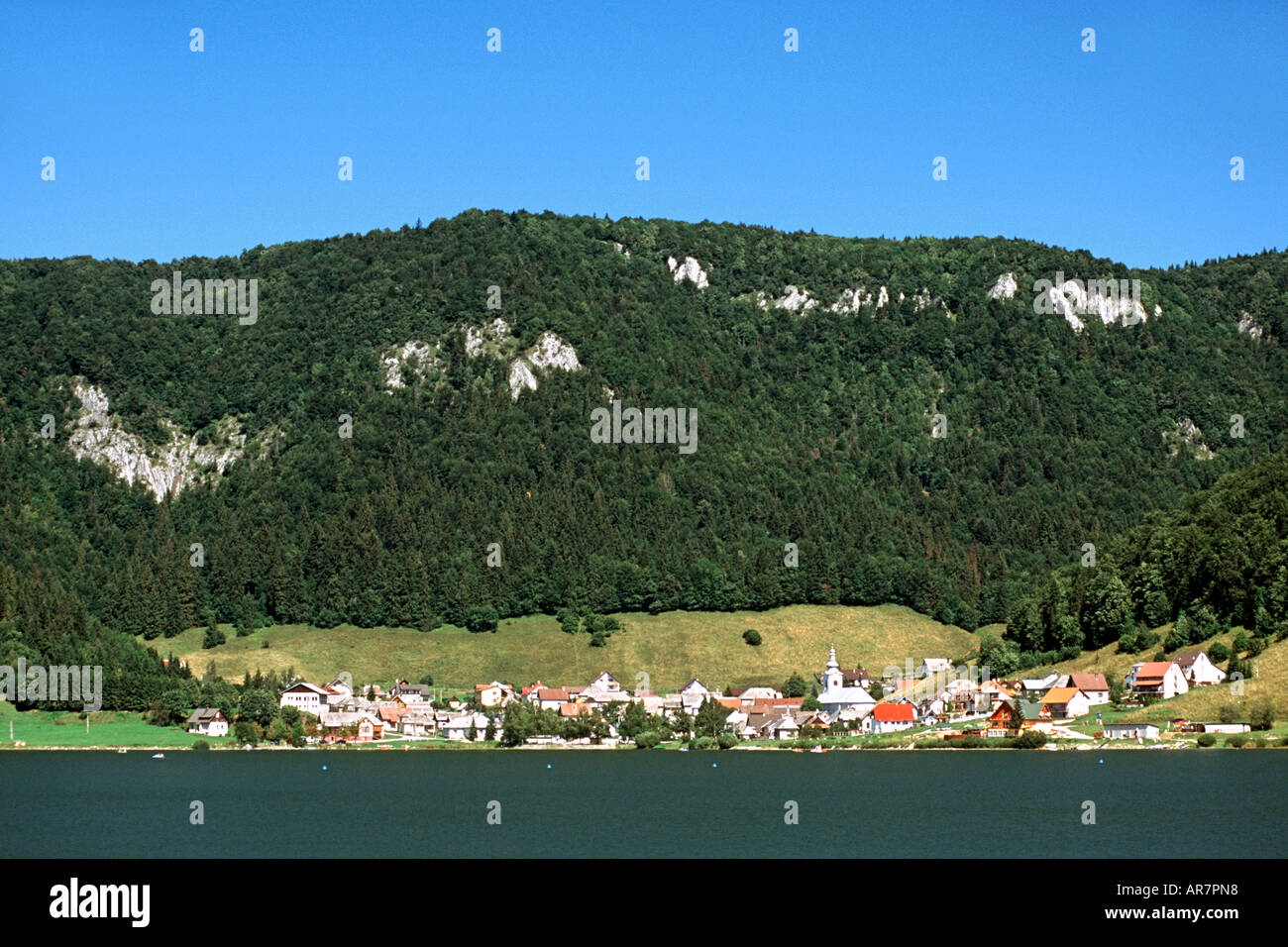 The village and lake of Dedinky in eastern Slovakia. Stock Photo