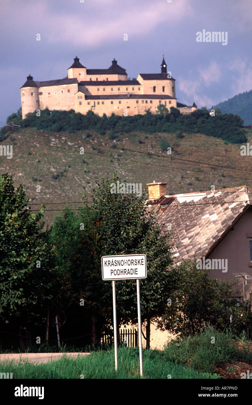 The hrad Krasnohorske castle and museum on a hilltop over looking Krasnohorske Podhradie in eastern Slovakia. Stock Photo