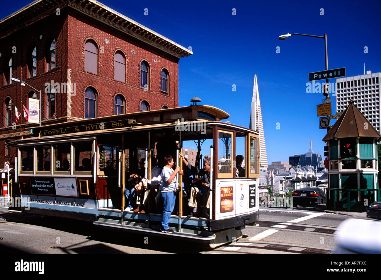 A tram at the intersection of Powell and California streets in San Francisco. Stock Photo