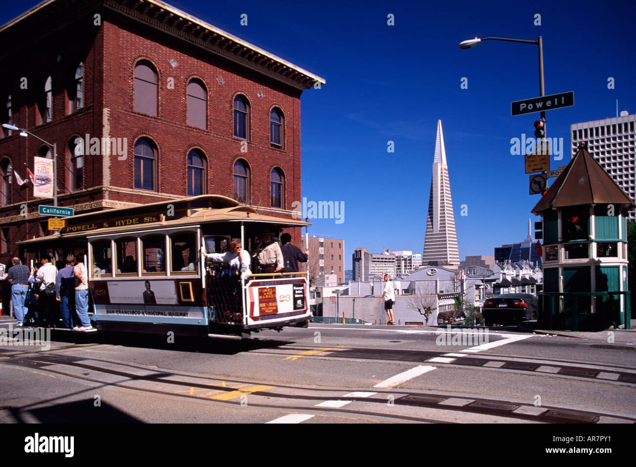 A tram at the intersection of Powell and California streets in San Francisco. Stock Photo