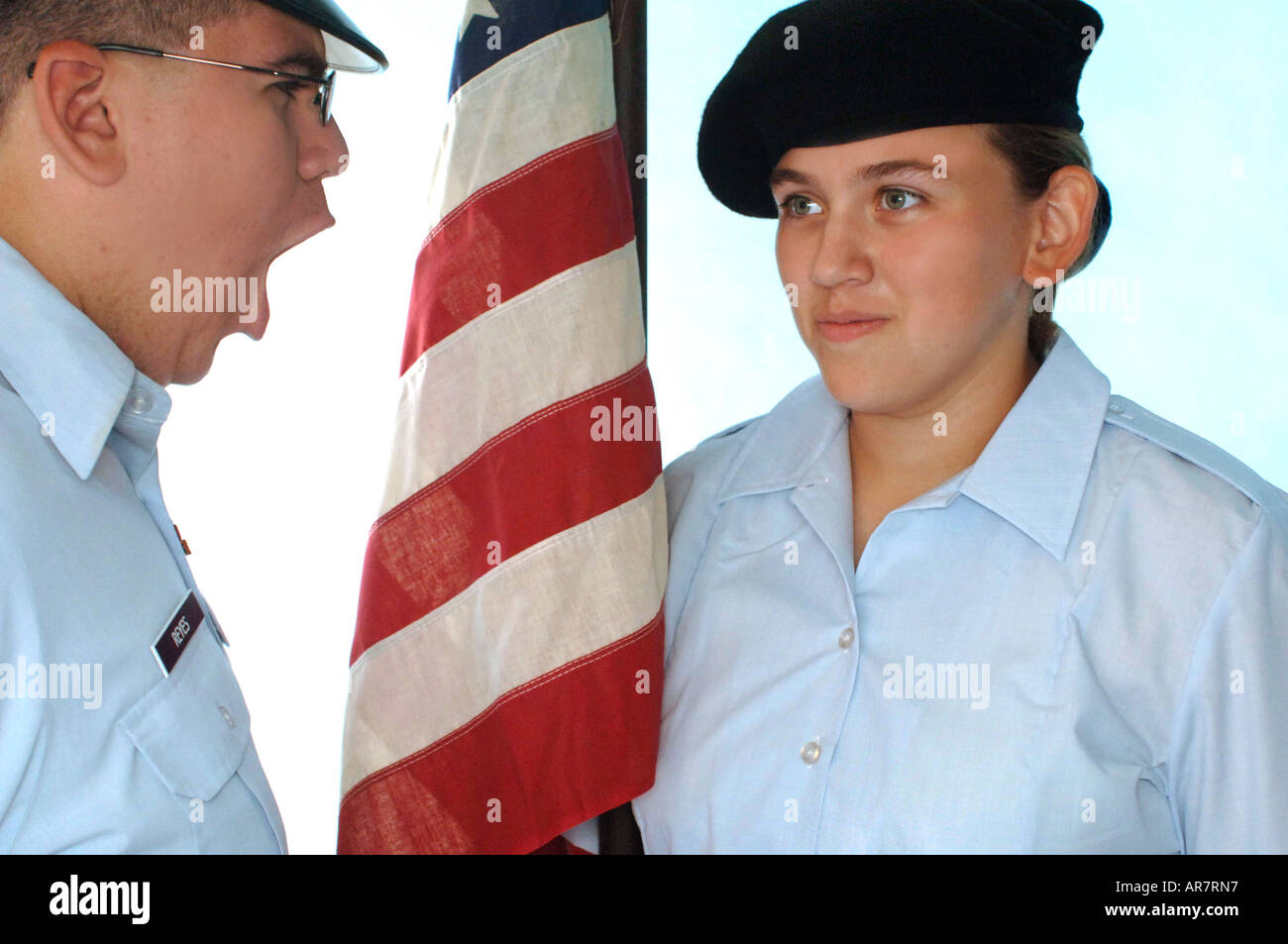 ROTC Superior and Subordinate with United States Flag Stock Photo