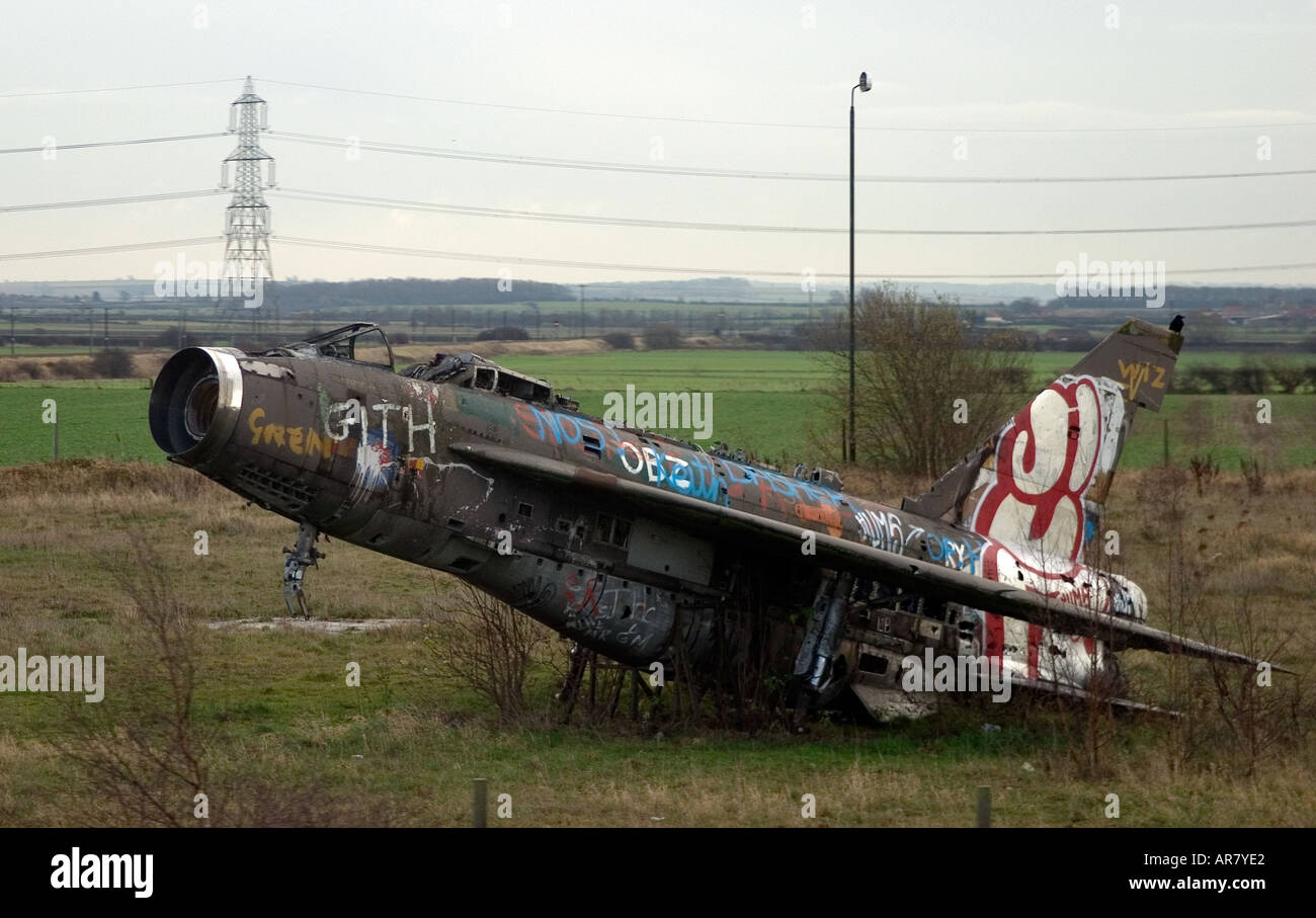Aircraft English Electric Lightning F2A left derelict and covered in Graffiti at Balderton in Nottinghamshire in England Stock Photo
