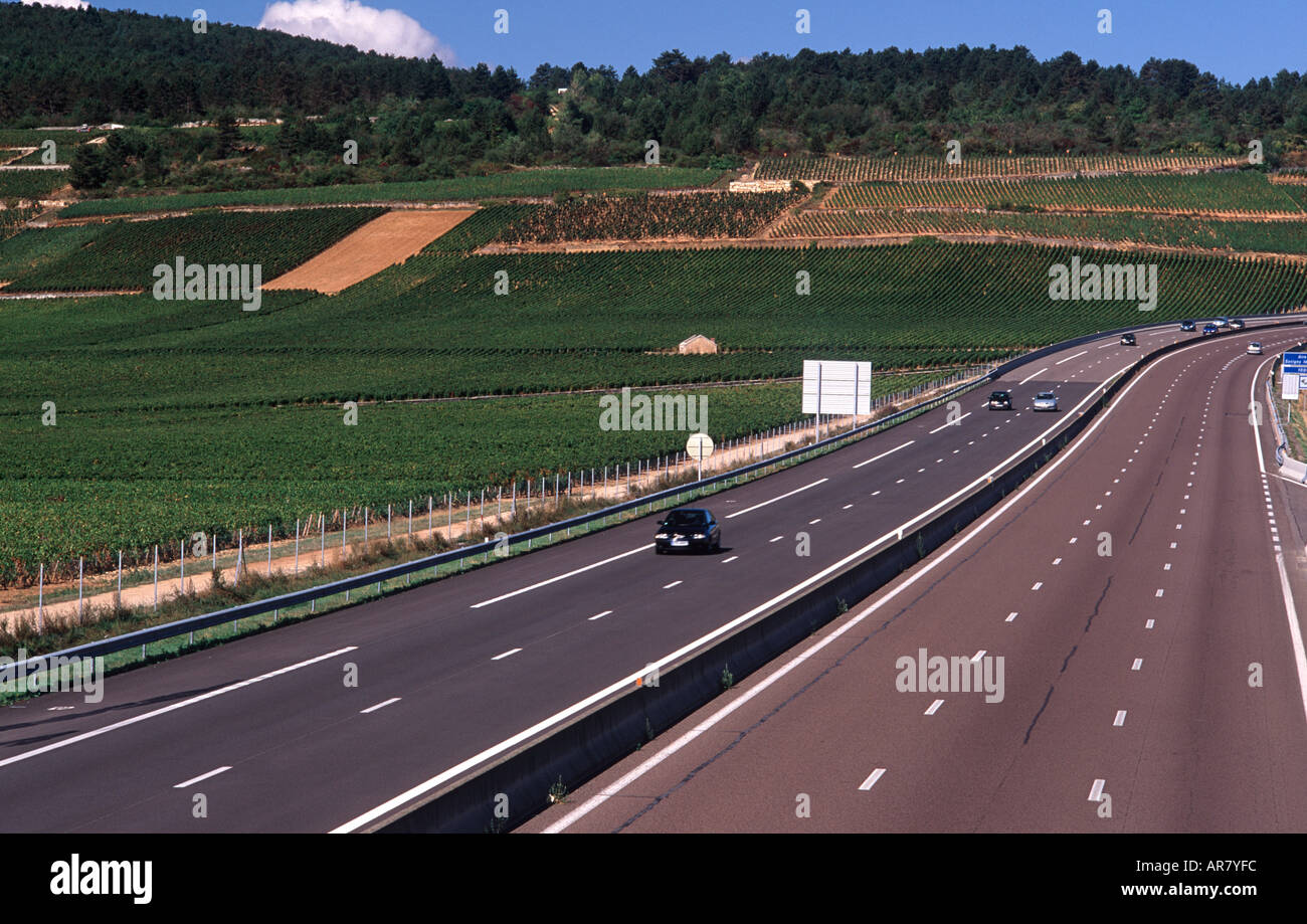 The Autoroute du Soleil passing through the 'village' and 'premier cru' vineyards of the Cote de Beaune, Burgundy, France Stock Photo