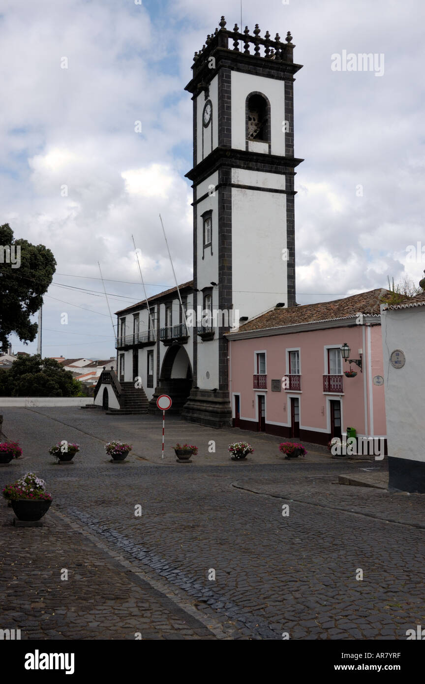 Town Hall and Clock Tower Ribeira Grande Ponta Delgada S Miguel Açores Azores Portugal Stock Photo