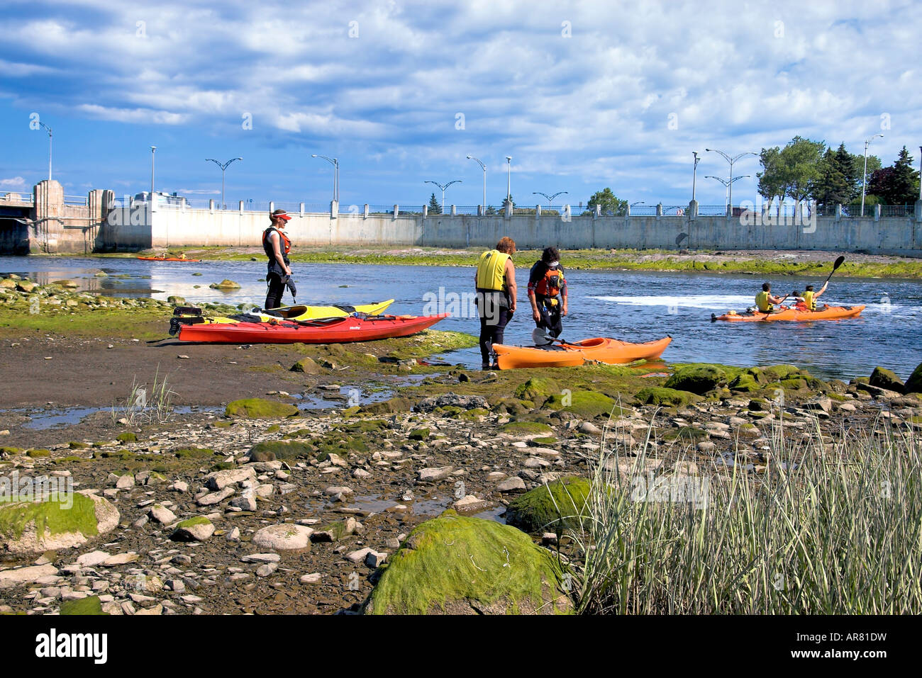 Sea kayakers getting ready for a trip on Rimouski river Stock Photo