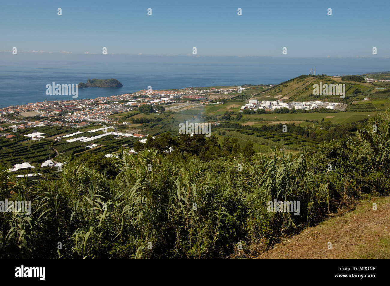 Panorama over Vila Franca do Campo and its islander Vila Franca do Campo Ponta Delgada S Miguel Açores Azores Portugal Stock Photo