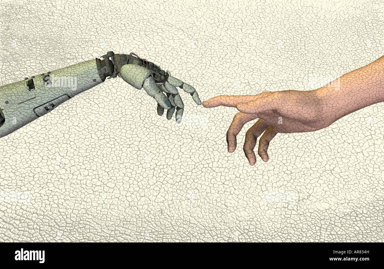 robot hand with human Stock Photo