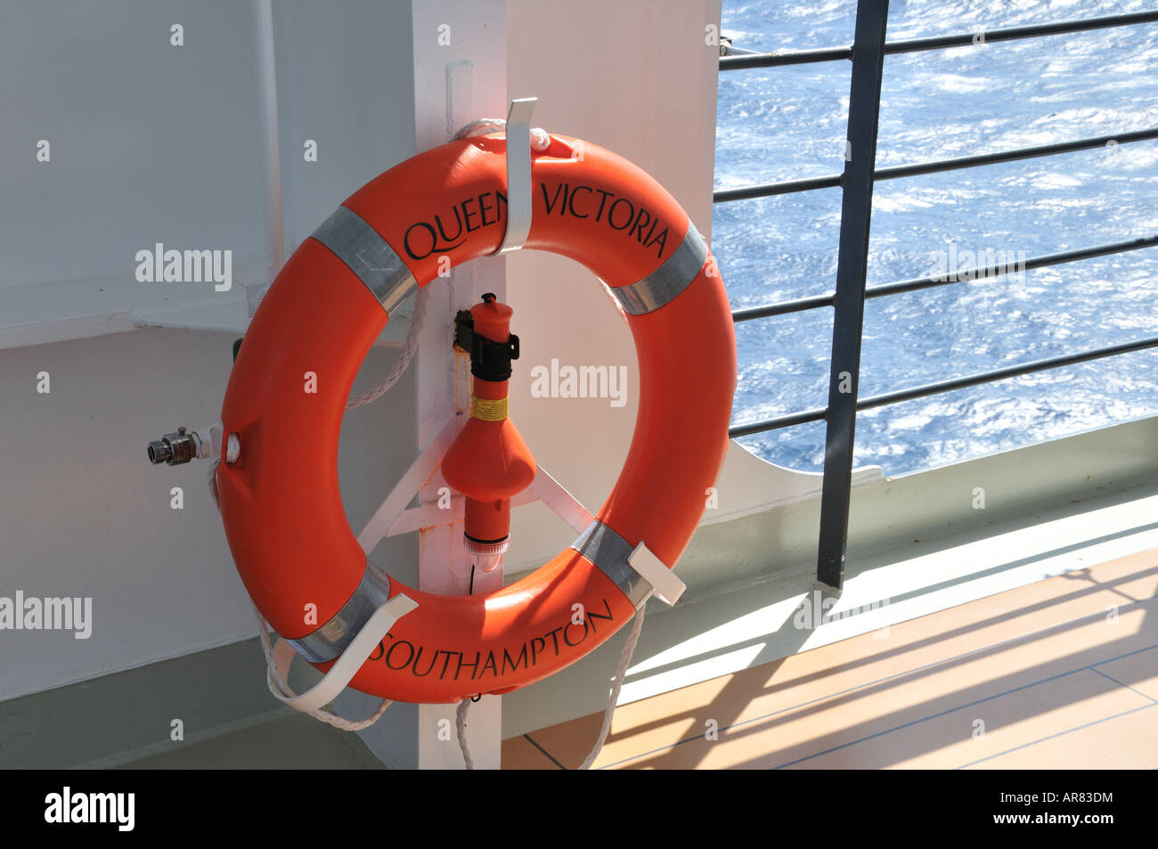 A life preserver on Cunard's cruise ship, Queen Victoria, reflects the ship's registry in Southampton, England. Stock Photo