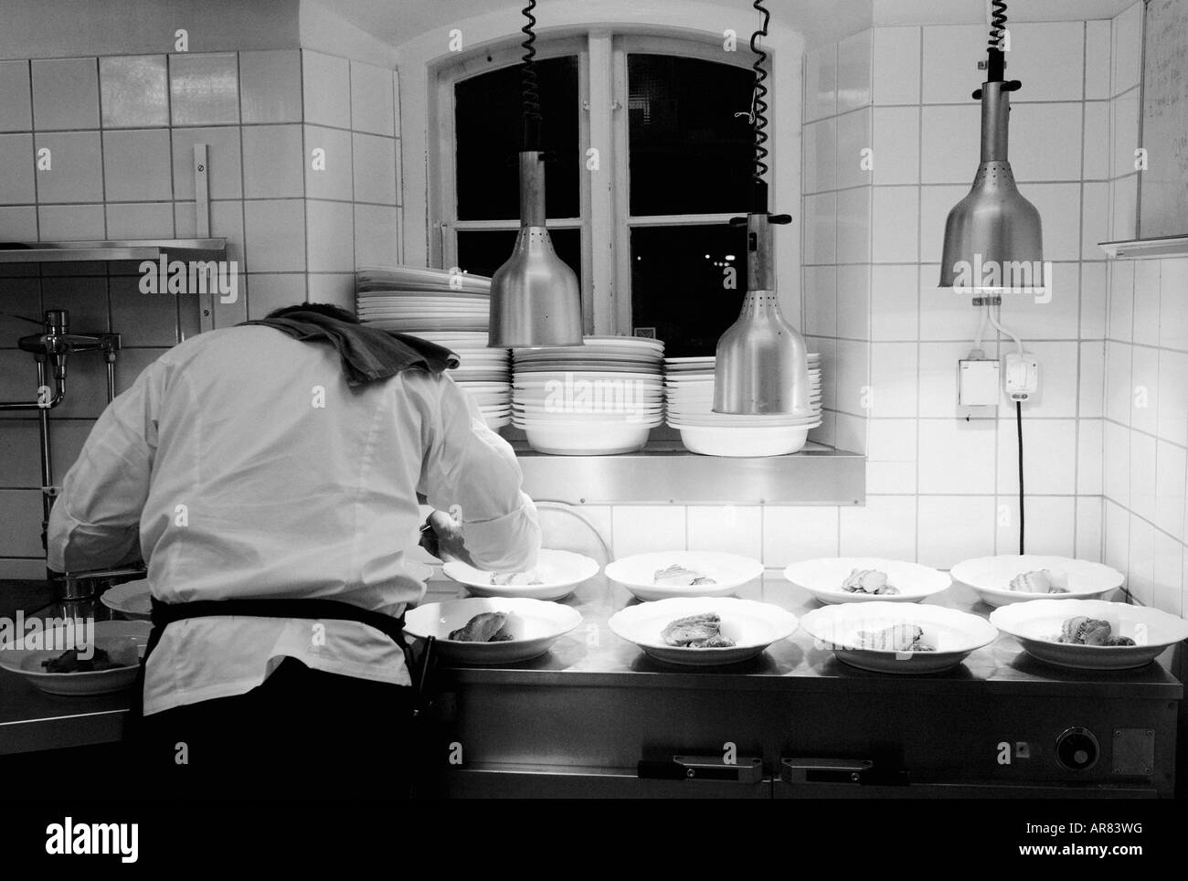 Image taken in Sofiero restaurant kitchen in Helsingborg, Sweden. Slightly grainy. FOR EDITORIAL USE ONLY. Stock Photo