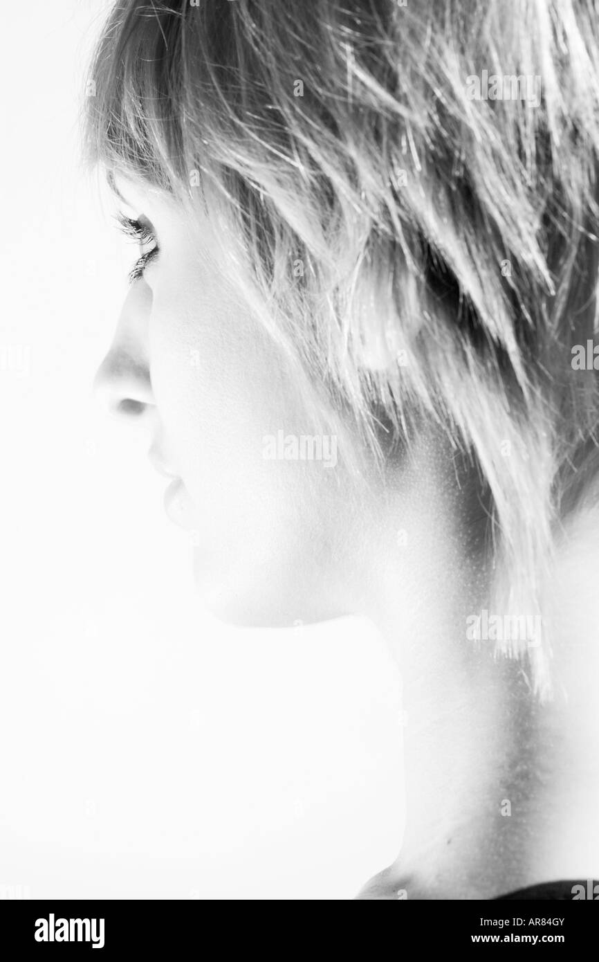 Black and white portrait of a young woman with short hair Stock Photo ...