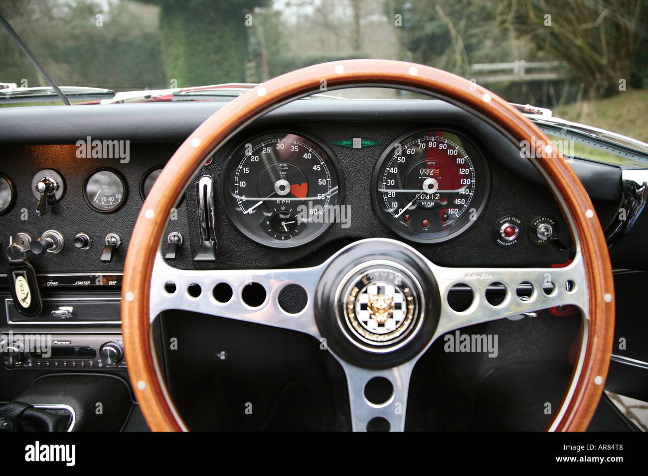 E type Jaguar steering wheel Stock Photo