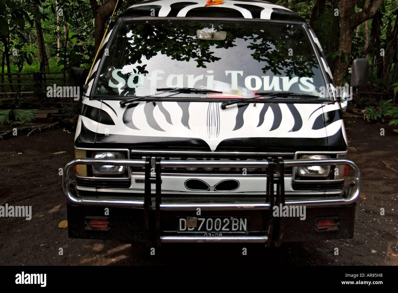 Safari car painted in zebra stripes Stock Photo