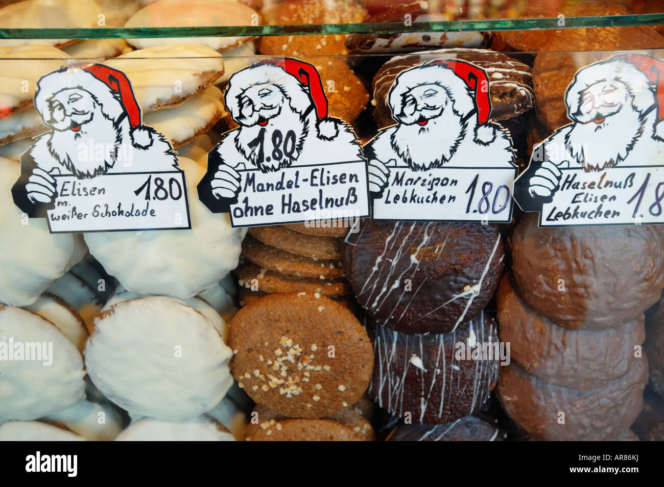 festive chocolate biscuit stall. 'Christmas market Nurenberg', Germany Stock Photo