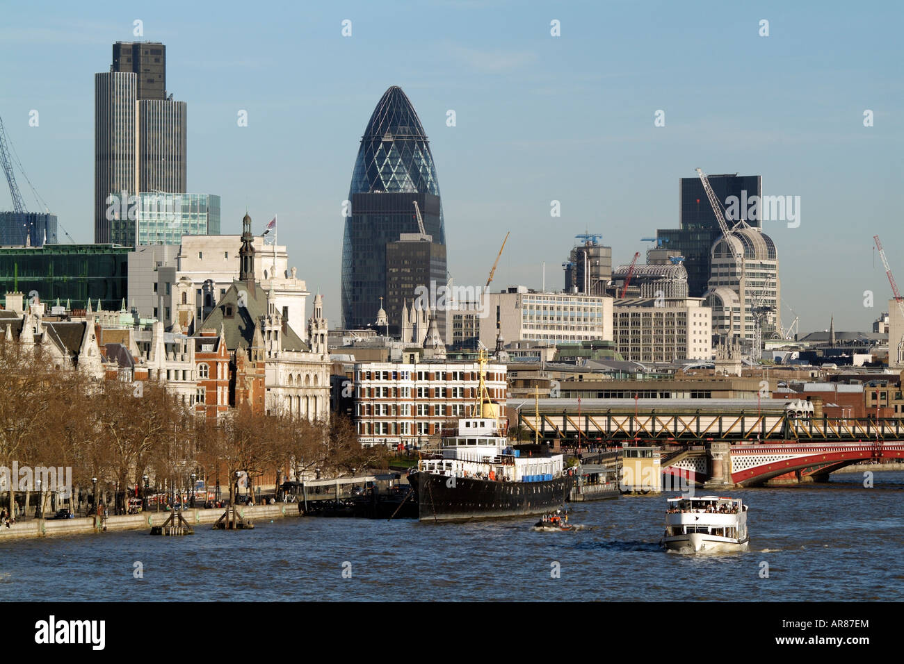 London England City Highrise Offices Seen Along the River Thames from Waterloo Bridge Stock Photo