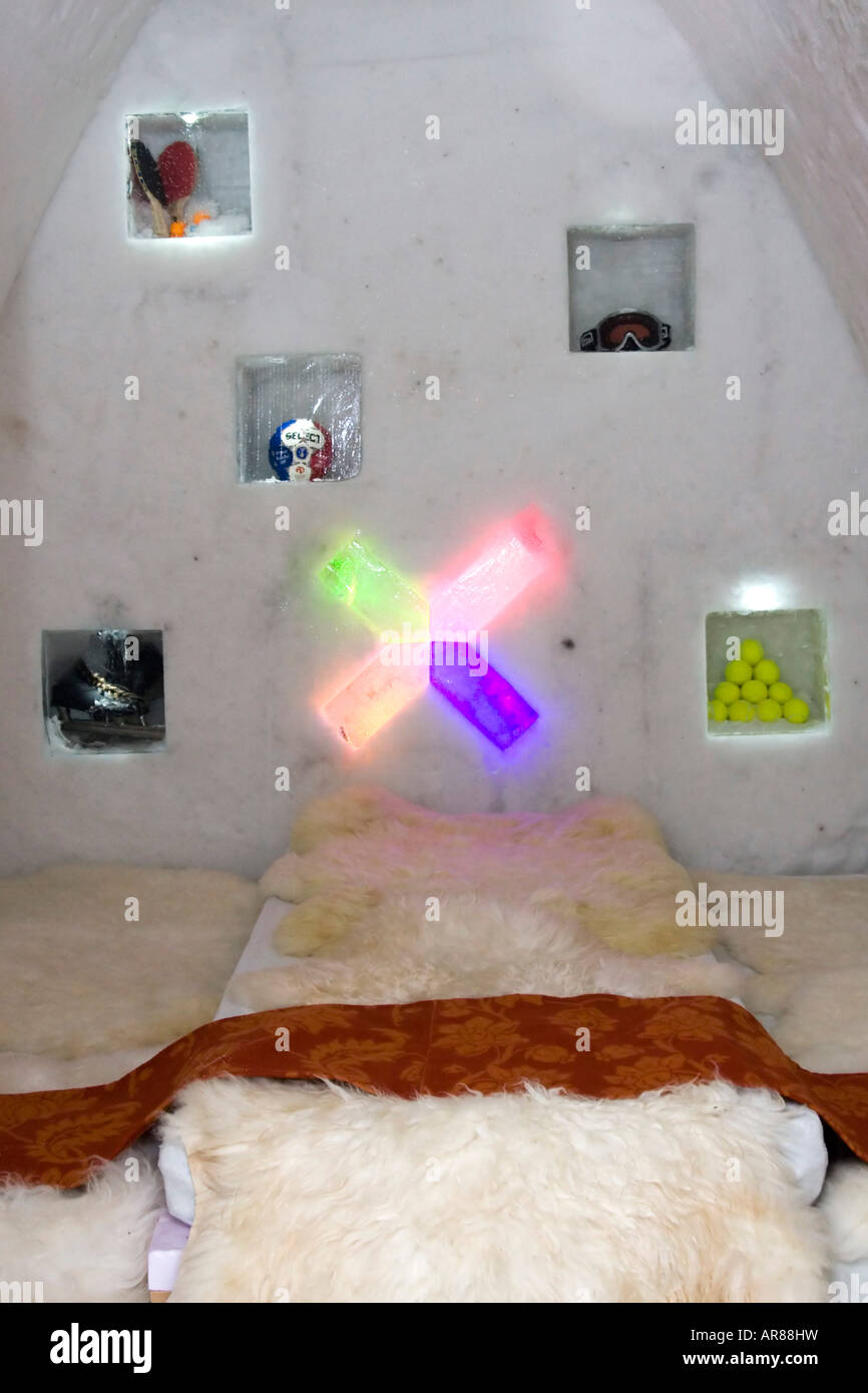 Sport themed guest bedroom at an ice hotel in Norway Stock Photo