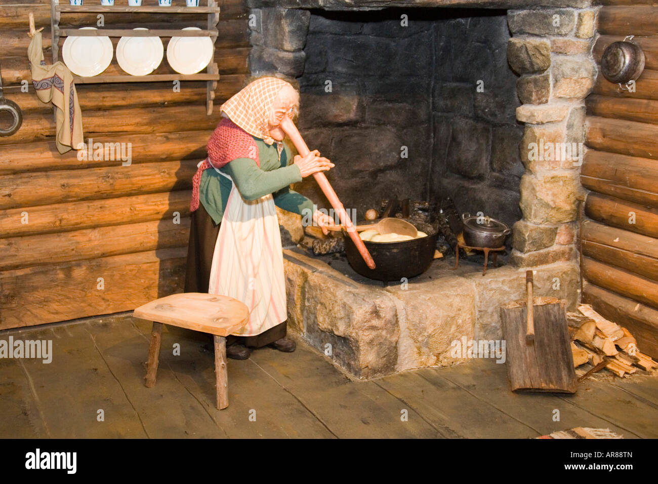 Scene of a long nosed troll in her kitchen at Hunderfossen Winter Park near Lillehammer Norway Stock Photo