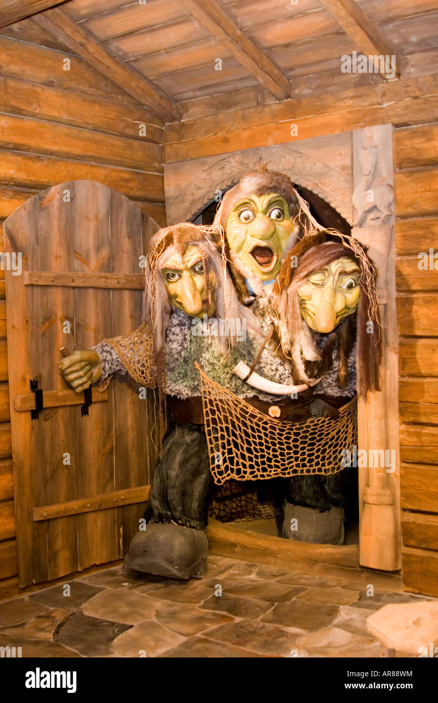Scene of a three headed troll in Hunderfossen Winter Park near Lillehammer Norway Stock Photo