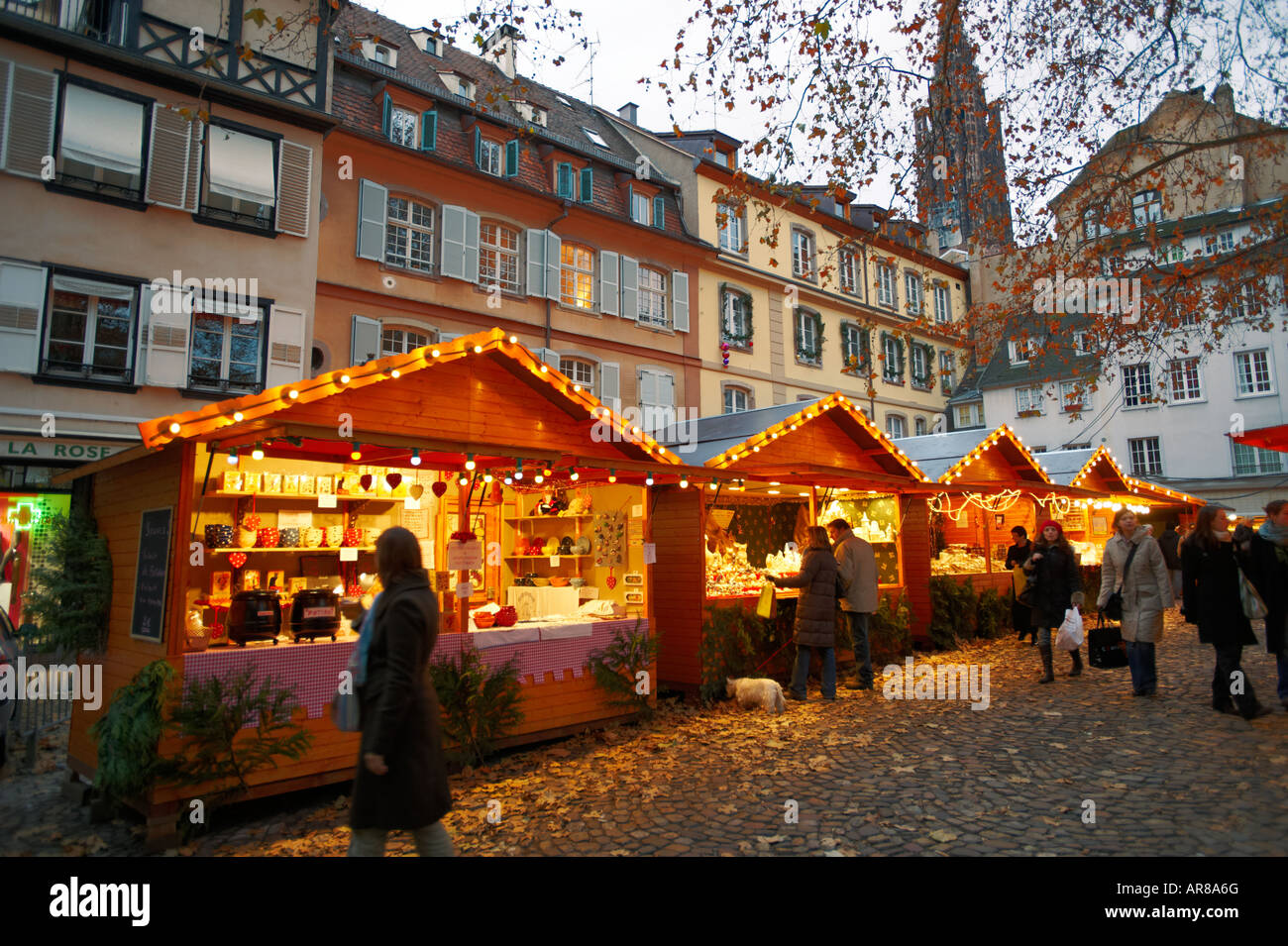 festive Christmas market at dusk - Strasbourg France Stock Photo
