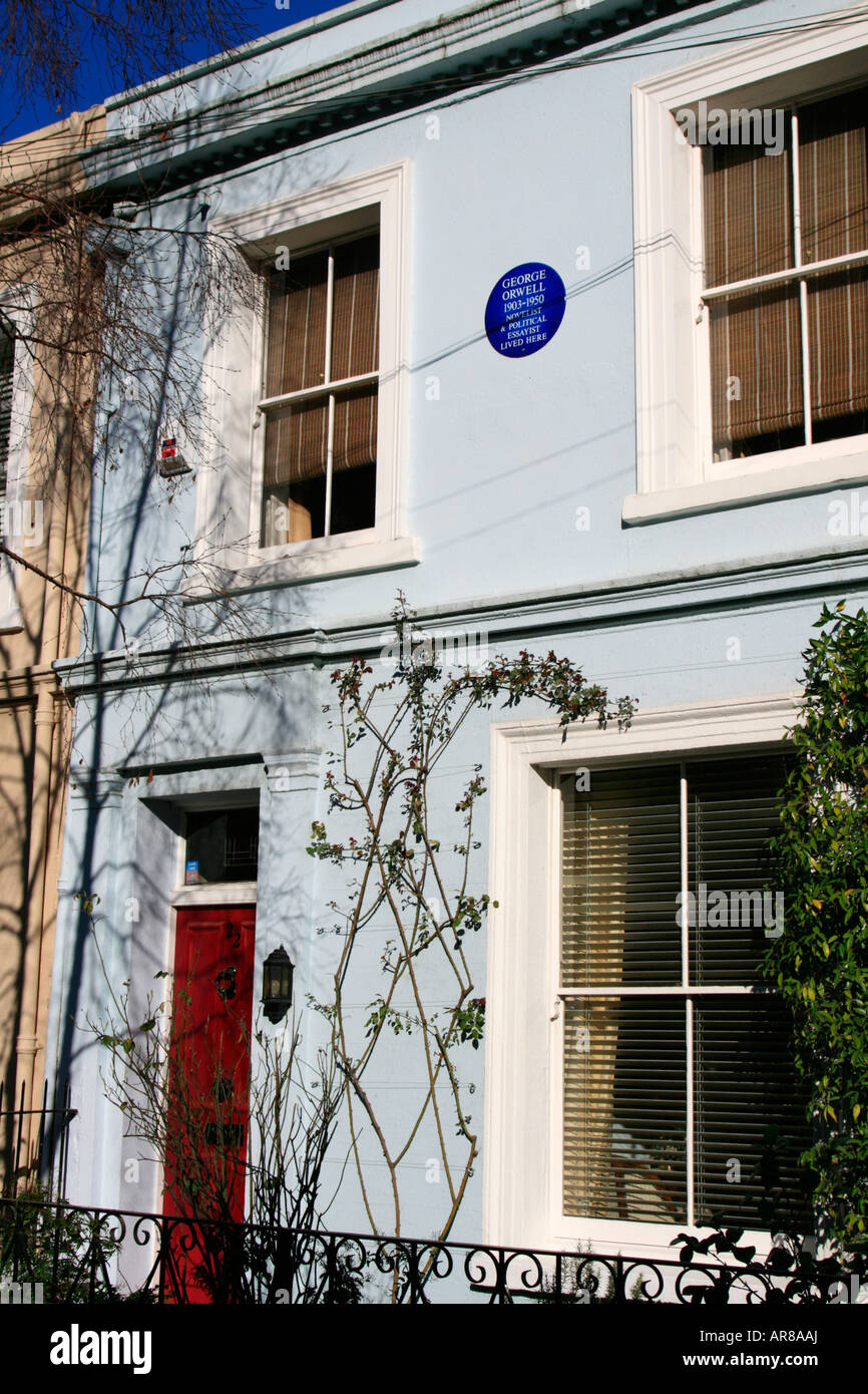 Blue plaque house in portobello road london where Eric Arthur Blair known by the pen name George Orwell lived. Stock Photo