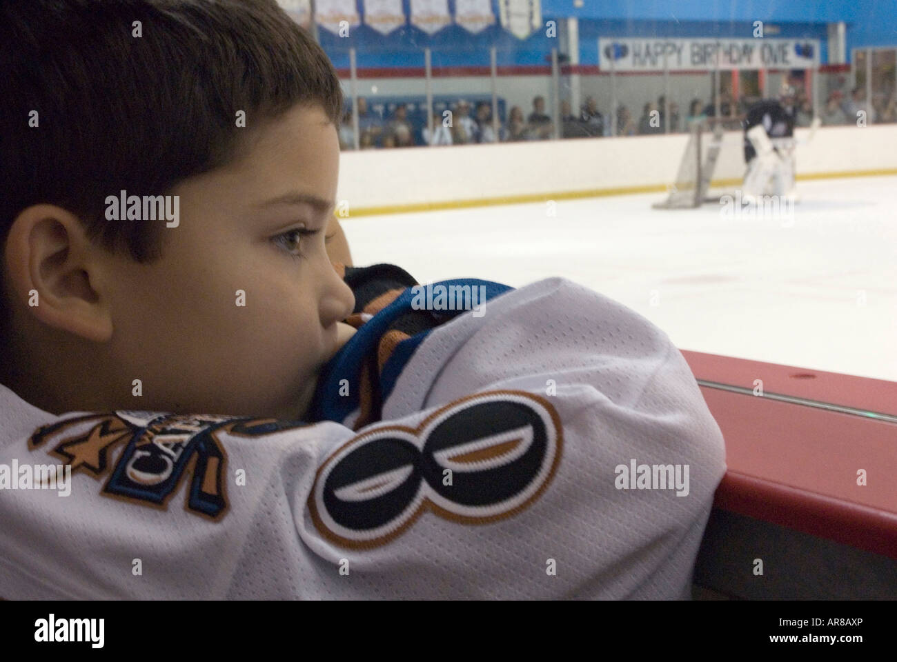 Dave Stepherns (5), wearing Ovechkin's number 8 Jersey is watching Alexander Ovechkin play at the practice game Stock Photo