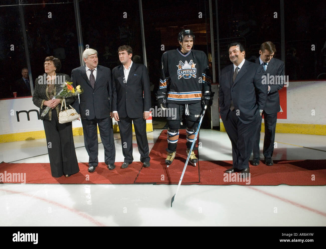 Alexander Ovechkin, his family and team management are at the Calder Tribute Ceremony before the game with Atlanta in Washington Stock Photo