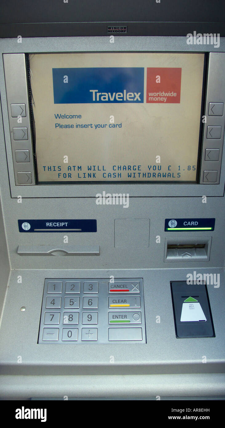 Travelex cash machine with an on screen message stating customers will