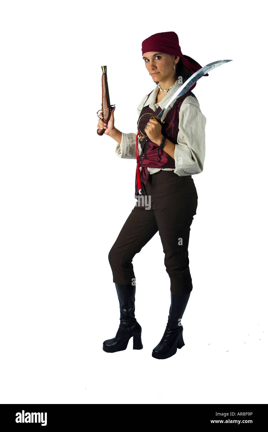 A cute young caucasian woman dressed as a pirate Stock Photo