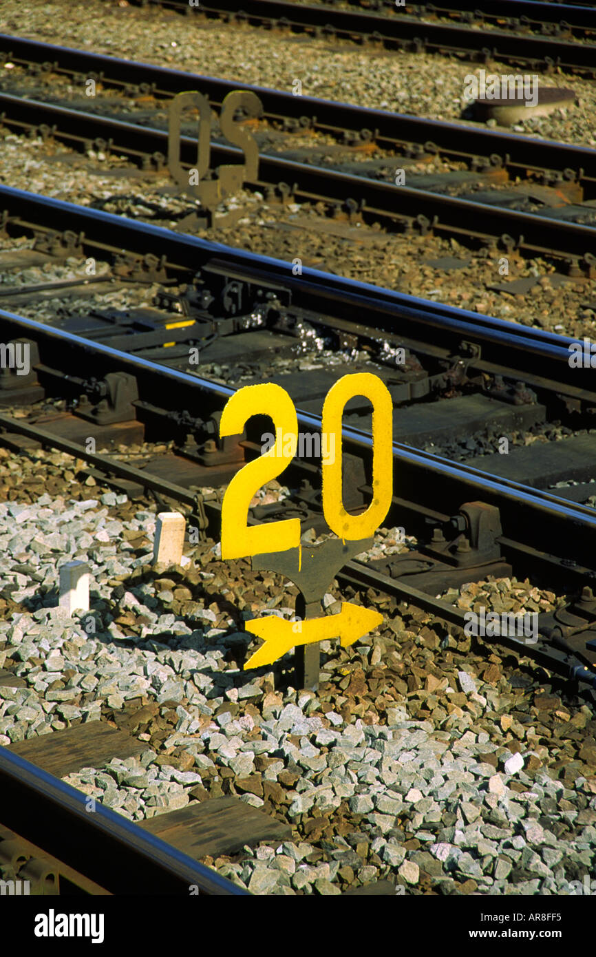 Railway tracks and 20 miles per hour speed limit sign Cheshire England