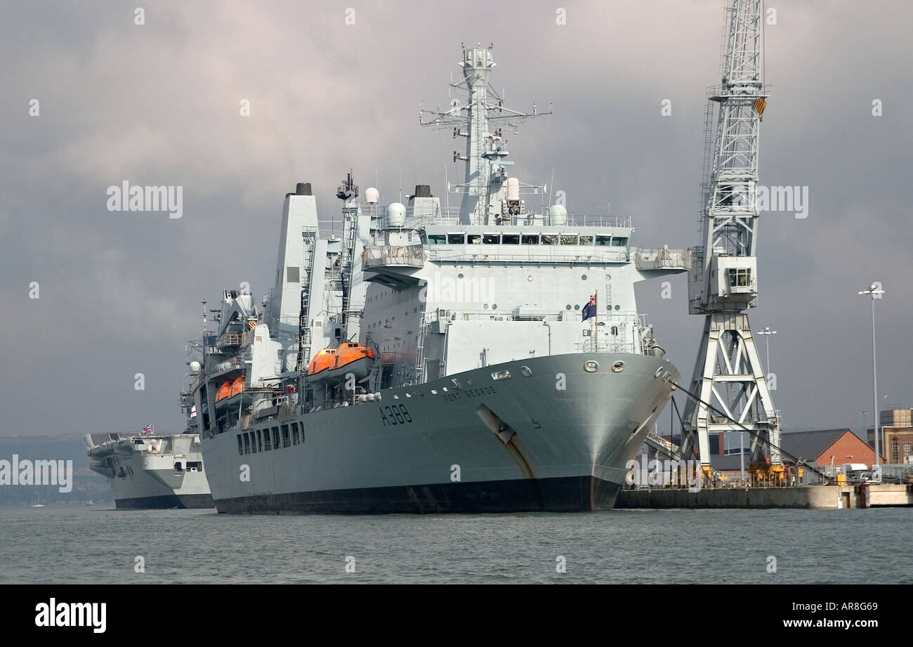 Royal Fleet Auxiliary Fort George at its berth in Portsmouth Harbour Stock Photo