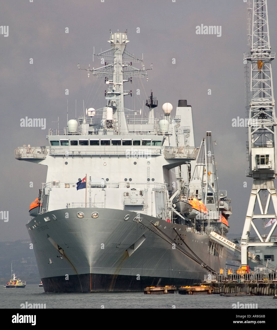 Royal Fleet Auxiliary Fort George at its berth in Portsmouth Harbour Stock Photo