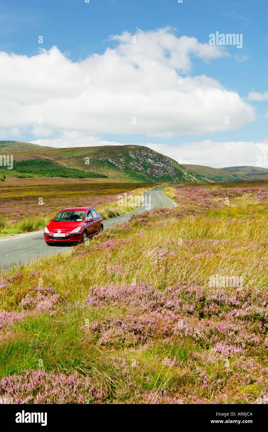 Wicklow Mountains Wicklow Hills, Ireland. Red car driving on mountain road in 5 miles NW of Laragh coming from Sally Gap. Stock Photo