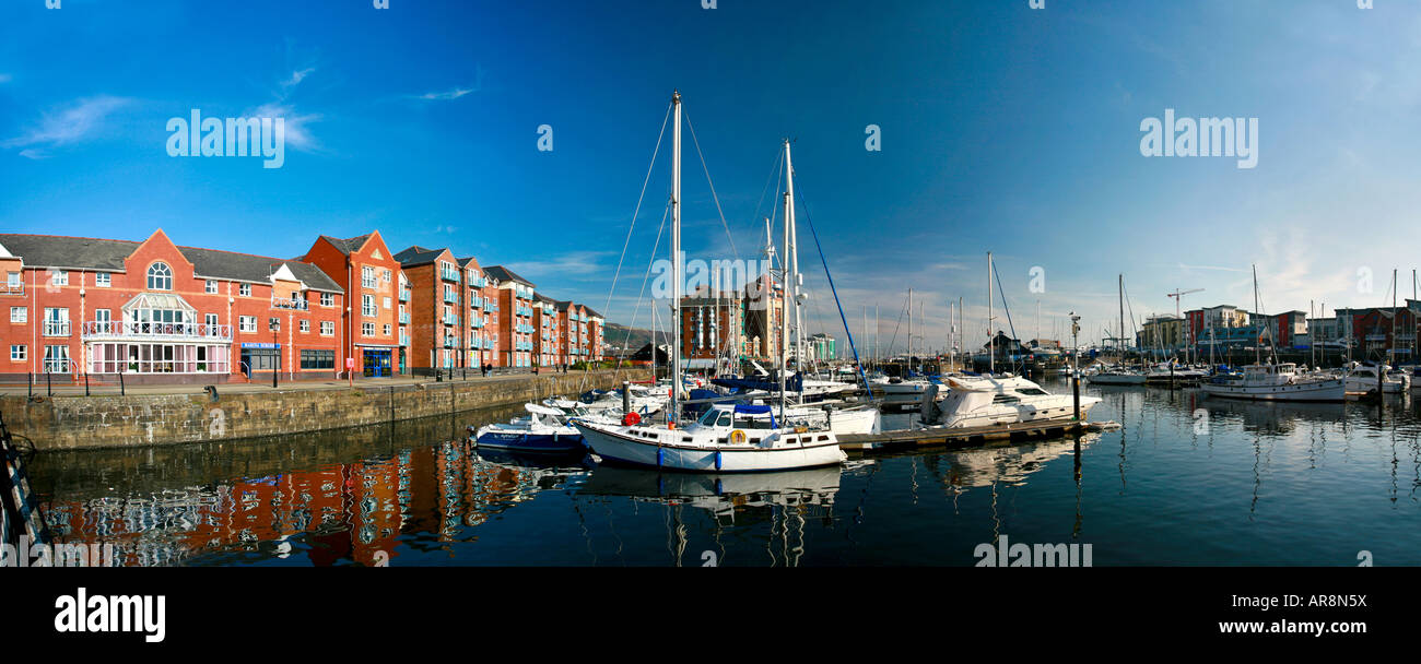 Swansea Marina and harbour waterfront SA1 area with moored boats and recent property developments, Swansea South Wales UK Stock Photo