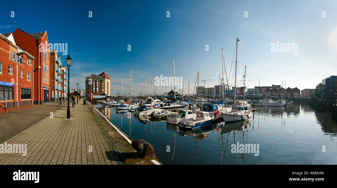 Swansea Marina and harbour waterfront SA1 area with moored boats and recent property developments, Swansea South Wales UK Stock Photo