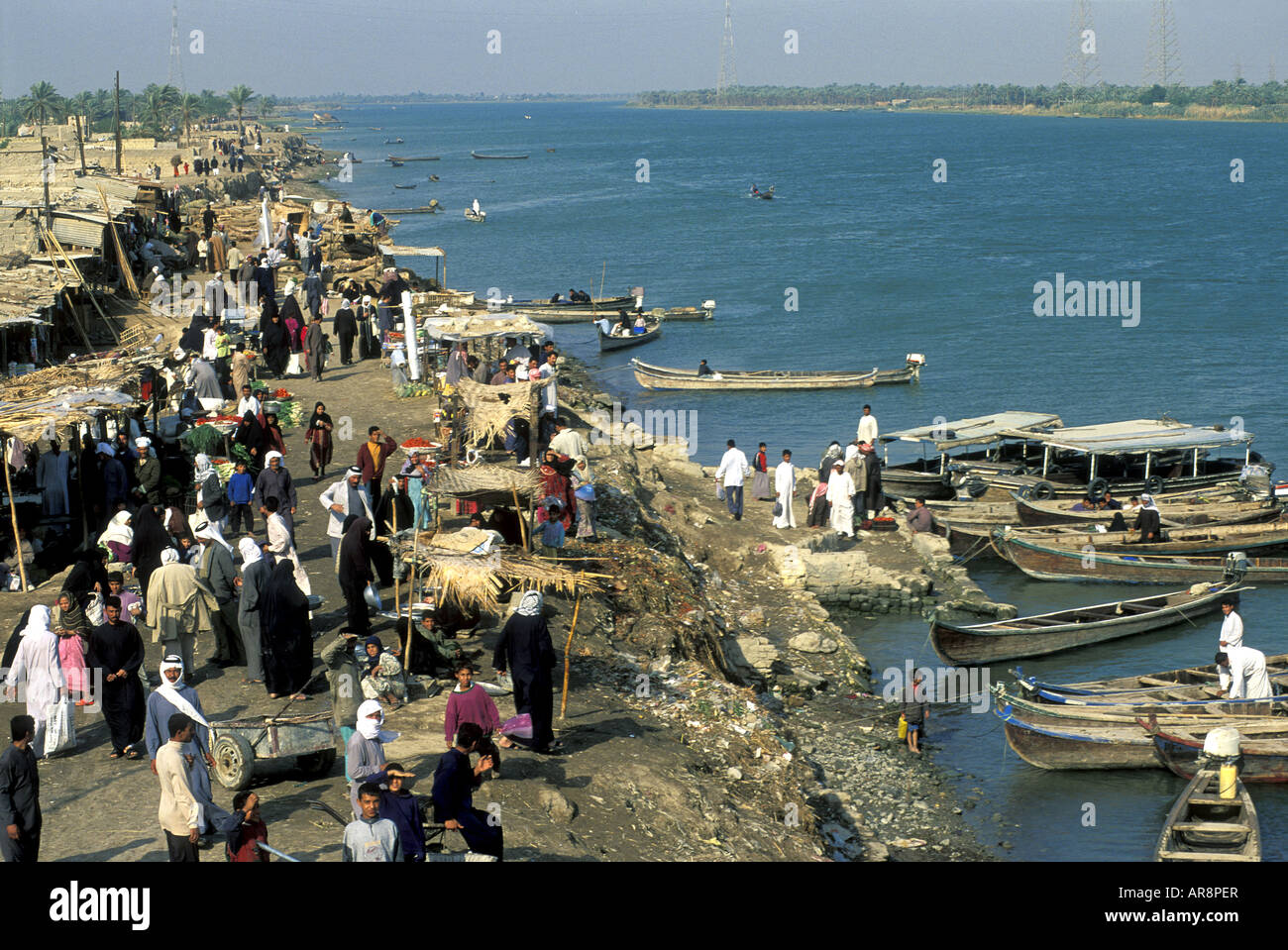 Market scene along Shatt al Arab waterway near Basra Iraq. Stock Photo