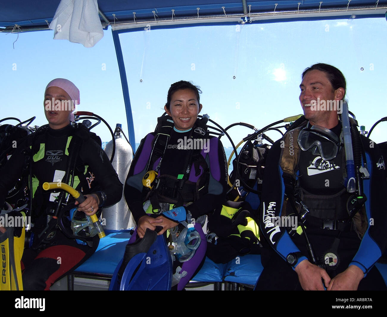 Scuba divers on a dive boat.Coastal waters Sydney Australia Stock Photo Alamy