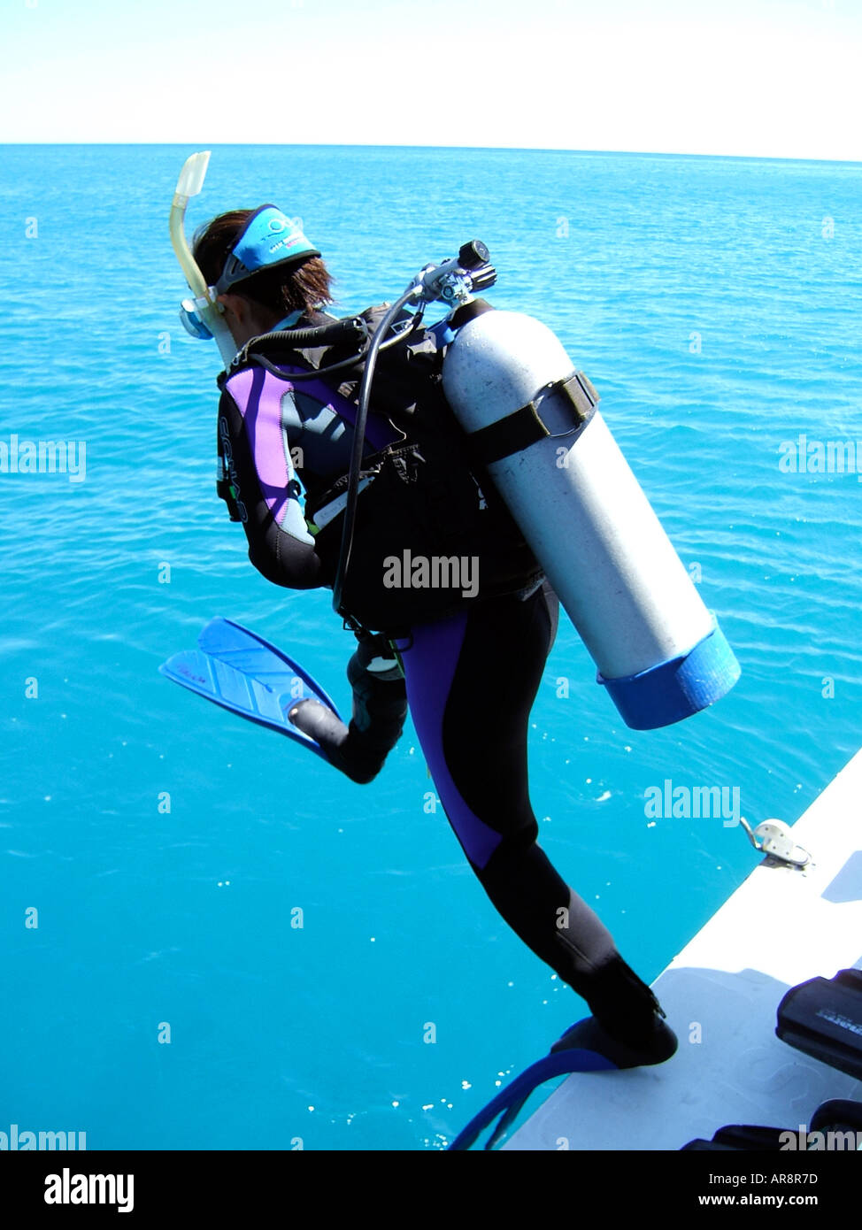 Scuba diver jumping into the water from a dive boat.Coastal waters Sydney Australia Stock Photo