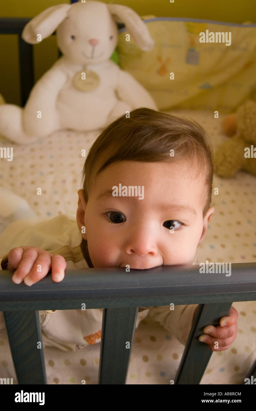 A 6 month baby is biting the frame of the cot bed for teething pain Stock Photo